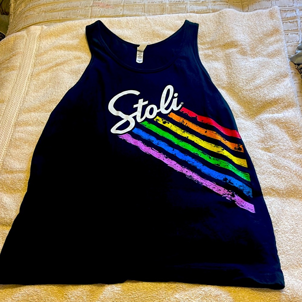 Black tank top with rainbow and stoli on the front
